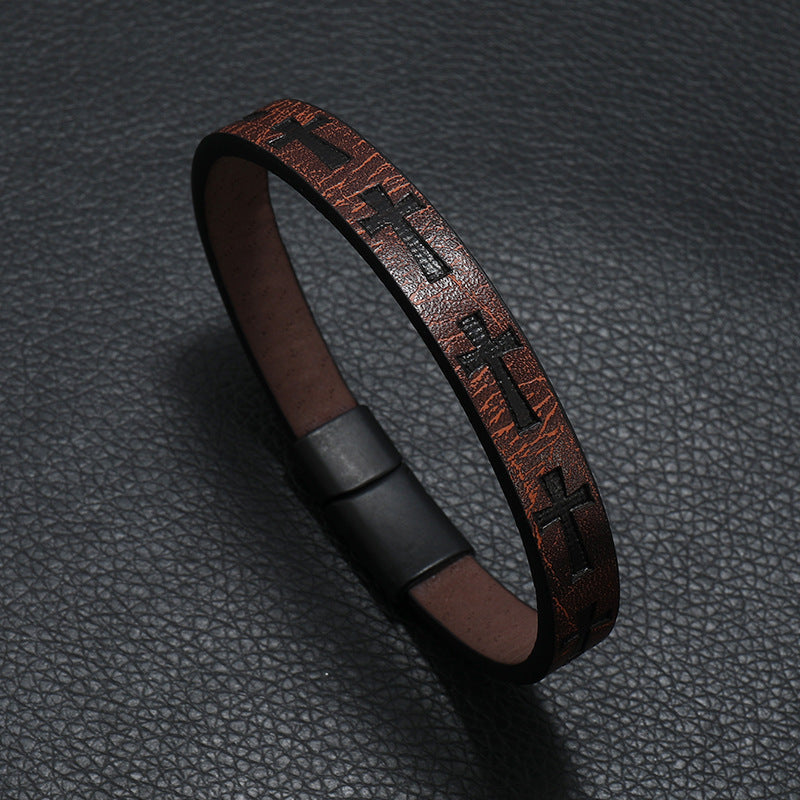 Layered Cross Magnetic-Clasp Bracelet – Brown