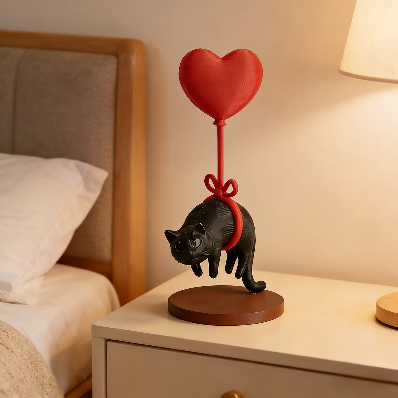 Floating Black Cat Heart Balloon Figurine – Black Cat with Heart Balloon