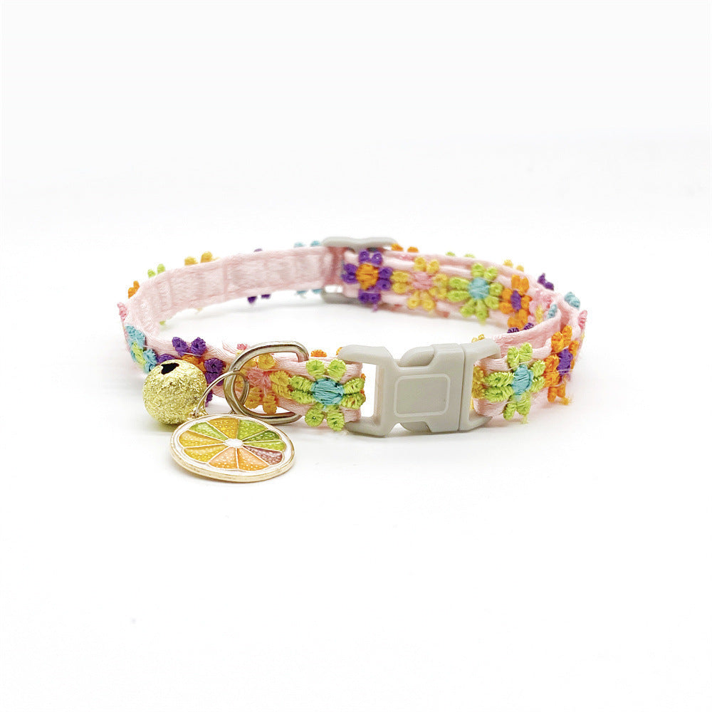 Floral Lace Pet Collar with Bell – Orange Pattern
