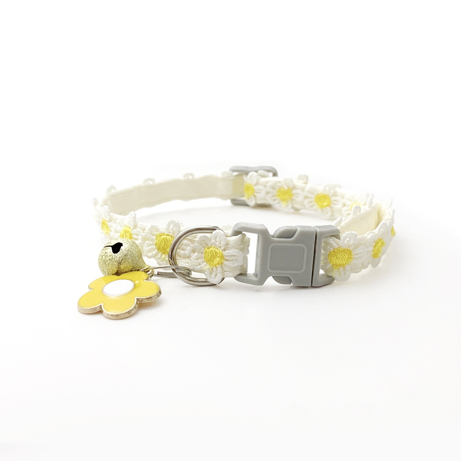 Floral Lace Pet Collar with Bell – White